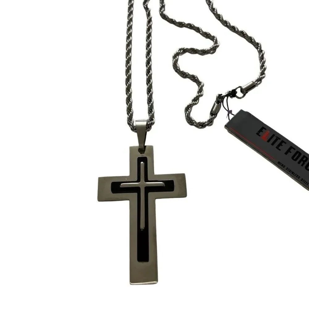Elite force stainless steel men’s cross necklace silver black new